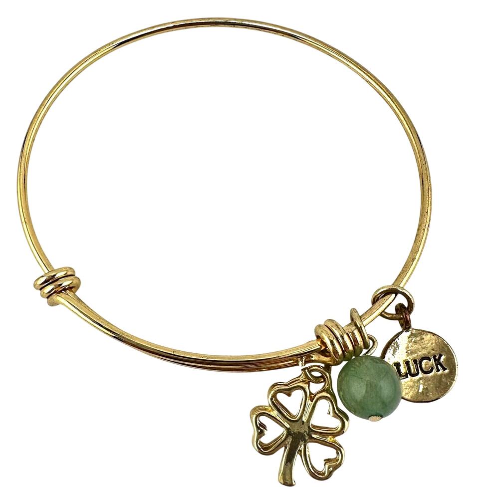 Good Luck Charms Four Leaf Clover Chrysoprase Bead Gold Tone  Bangle 7” Bracelet